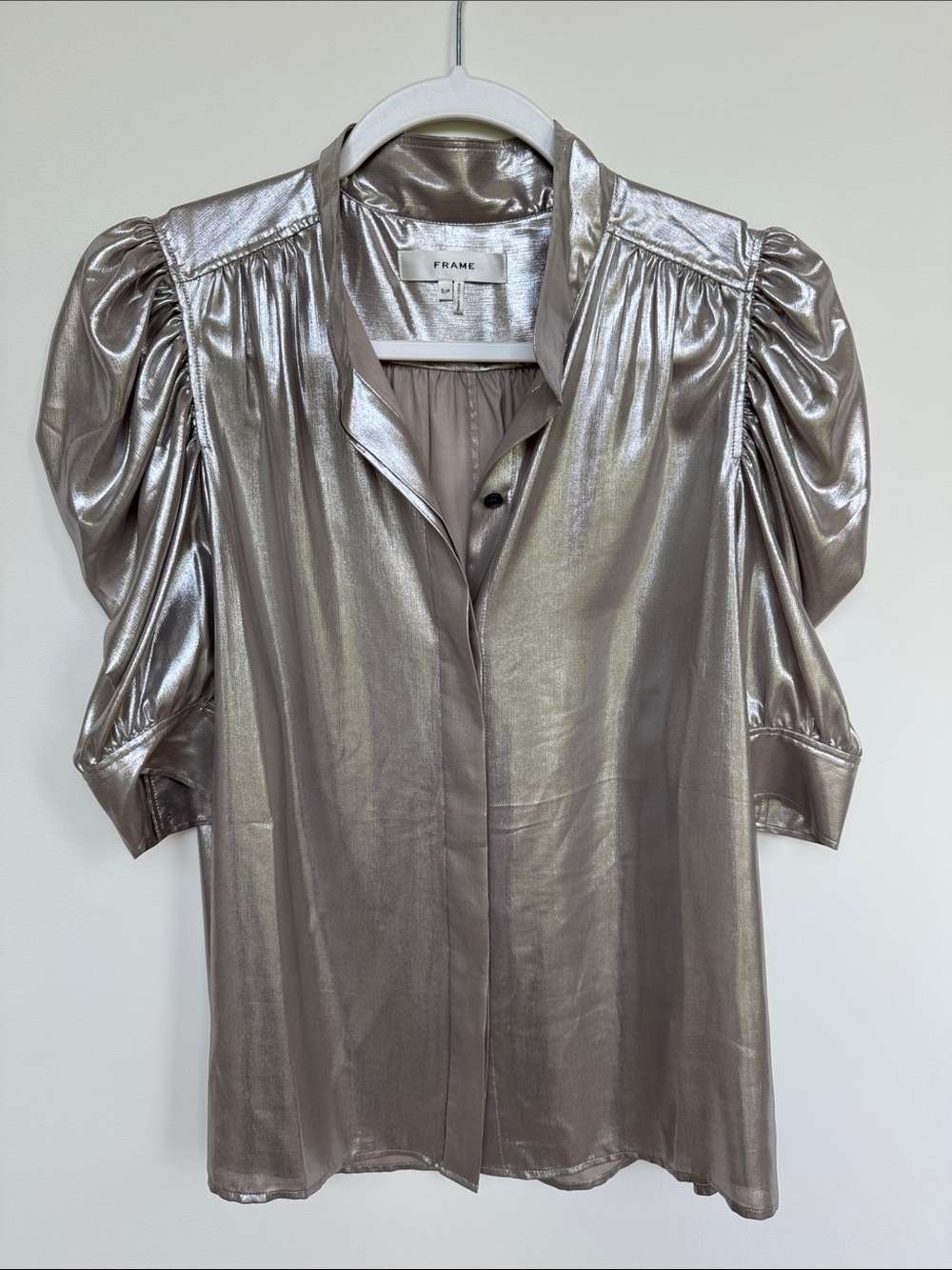 Frame Shimmering Platinum Puff-Sleeve Blouse